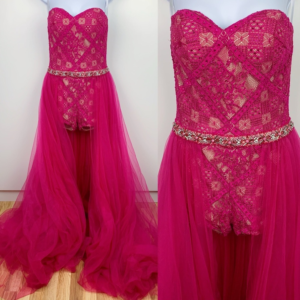 Strapless Fuchsia Lace Tulle Evening Dress with Embellished Waist